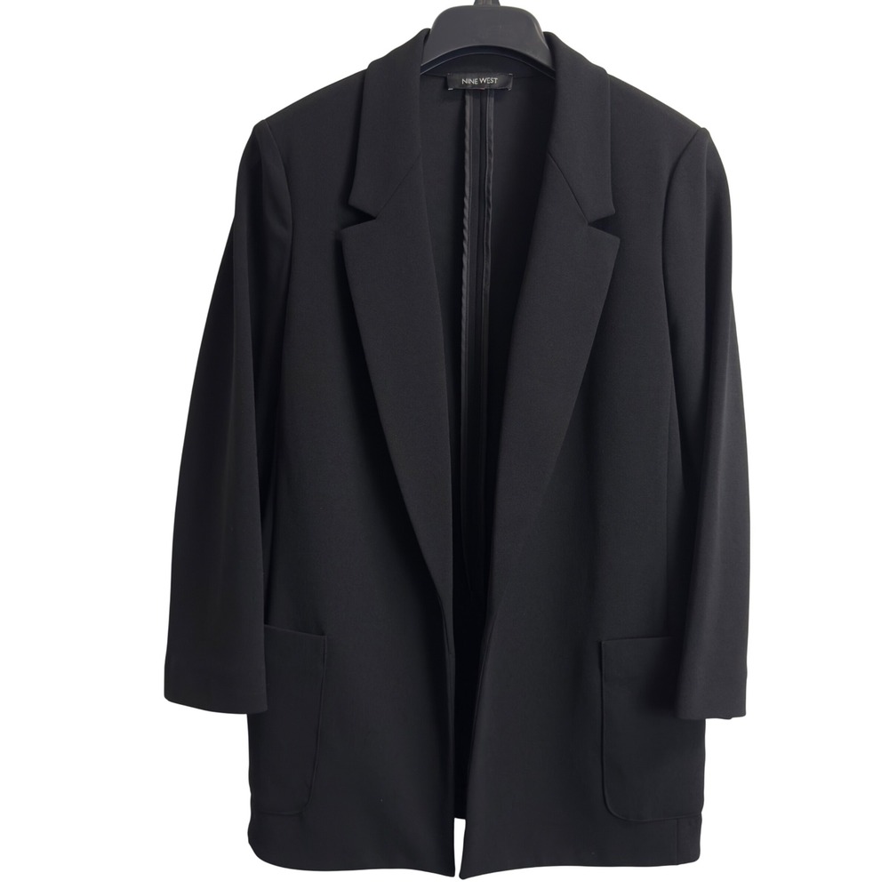 Nine West Womens 10 Black Open Front Notched Lapel Patch Pocket Blazer Jacket